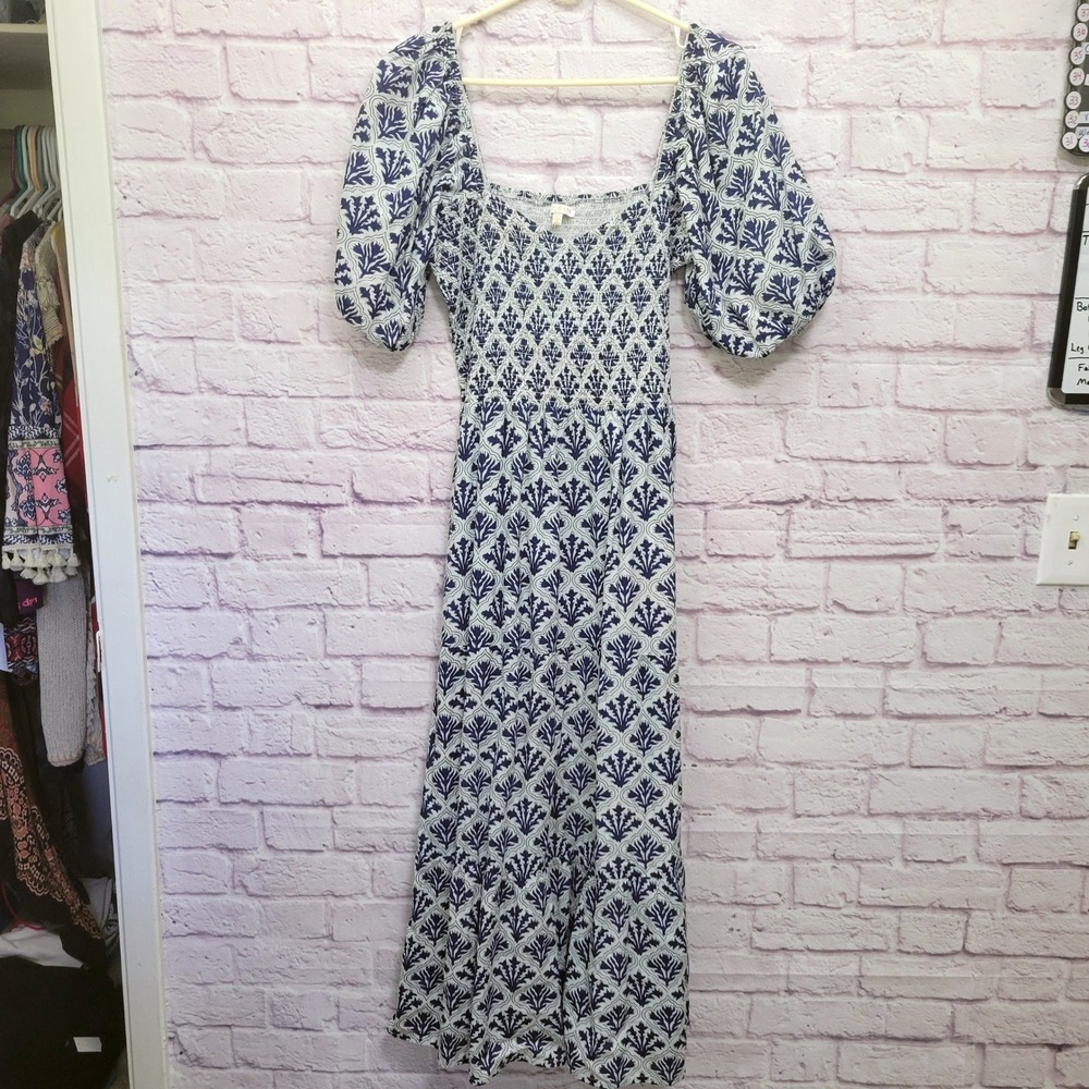 Anna Cate Mae Midi Dress Size L Blue Floral Smocked Puff Sleeves Cottage Prairie